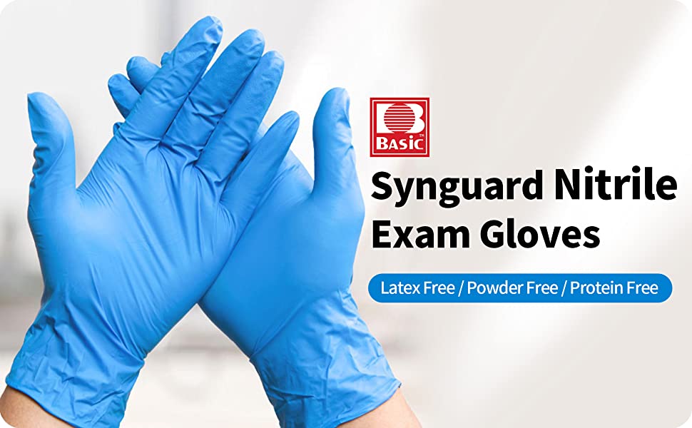 Synguard Basic Medical Nitrile Exam Gloves | Latex-Free, Powder-Free, Non-Sterile, Safety Glove, Disposable | Pack of 100
